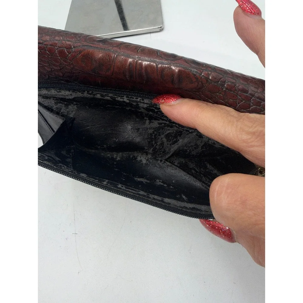 Brahmin Vintage Trifold Wallet Black Leather Brown Crocodile Embossed Snap